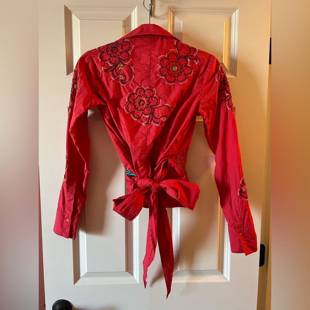 Oilily Red Embroidered Wrap Top with Multicolor Floral Accents - Picture 2 of 8